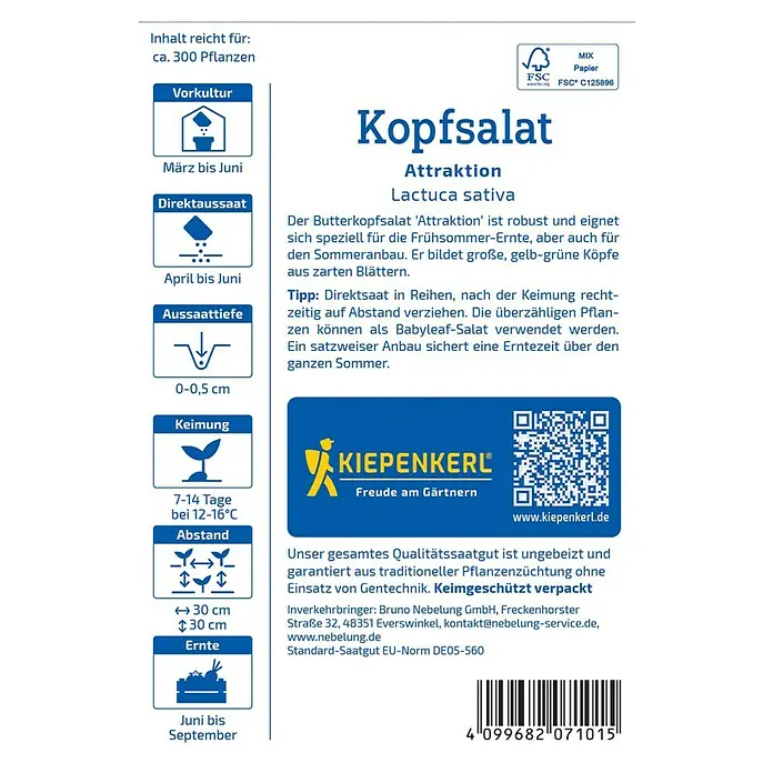 Kiepenkerl Gemüsesamen Kopfsalat Attraktion - Lactuca sativa, Erntezeit: Juni - Abbildung der 'Attraktion' Kopfsalat-Samenpackung von Kiepenkerl mit Informationen zu Aussaat, Ernte und Eigenschaften.