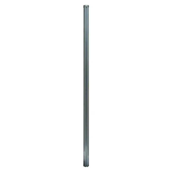 H+S Zauntechnik Zaunpfosten Oktavia UNI - Silber, Höhe: 2,3 m, Durchmesser: 5,5 cm, Aluminium - Detailaufnahme einer modernen, silberfarbenen Metallwand, die schlichte Eleganz und industrielle Stärke vereint.