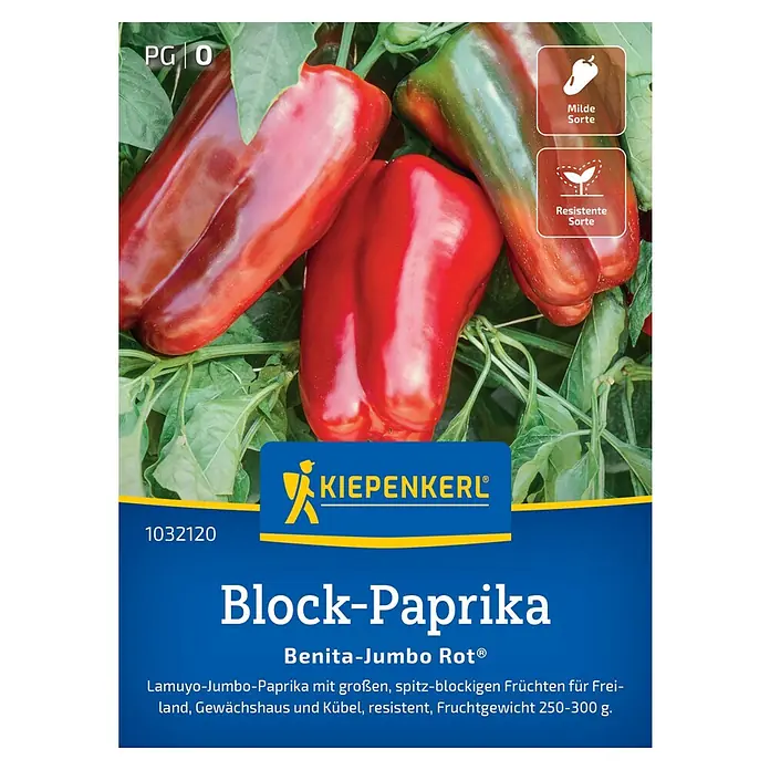 Kiepenkerl Paprika Benita-Jumbo Rot®, F1 - Capsicum annuum, Erntezeit: Juni - Samenpackung für Block-Paprika Benita-Jumbo Rot mit resistenten, milden, spitz-blockigen, roten Früchten für Freiland, Gewächshaus und Kübel.