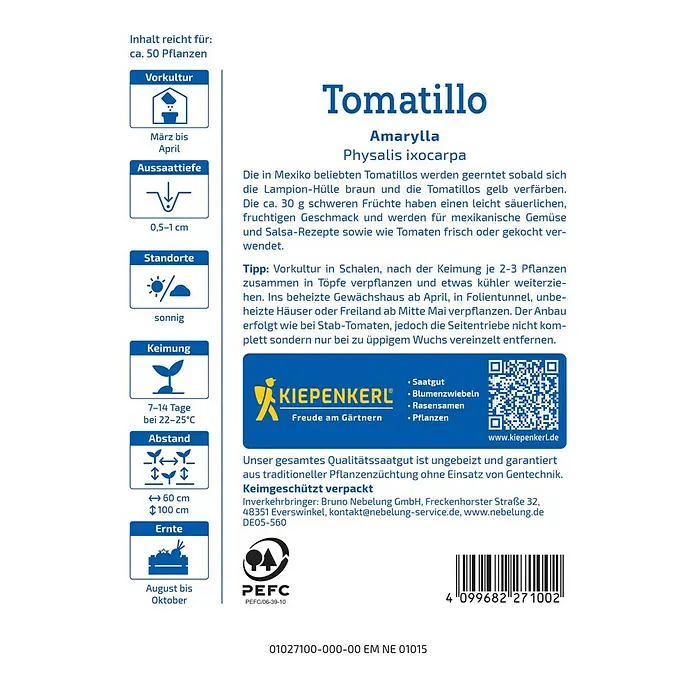 Kiepenkerl Gemüsesamen Tomatillo Amarylla - Physalis ixocarpa, Erntezeit: August - Tomatillo-Samenpackung von Kiepenkerl, ideal für ca. 50 Pflanzen. Anleitung zu Aussaat, Standort und Erntezeitraum.