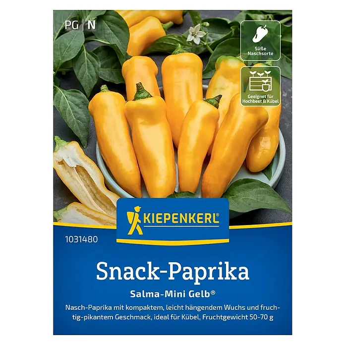 Kiepenkerl Paprika Salma-Mini Gelb® - Capsicum annuum, Erntezeit: Juli - Snack-Paprika 'Salma-Mini Gelb' Samenpackung von Kiepenkerl. Süße Naschsorte, geeignet für Hochbeet und Kübel, Fruchtgewicht 50-70 g.