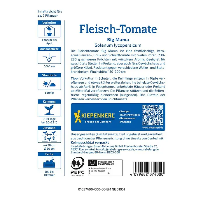 Kiepenkerl Gemüsesamen Fleisch-Tomate Big Mama - Solanum lycopersicum, Erntezeit: Juli - Samentüte für Fleischtomate Big Mama. Solanum lycopersicum, festfleischige Tomate für Garten und Gewächshaus.