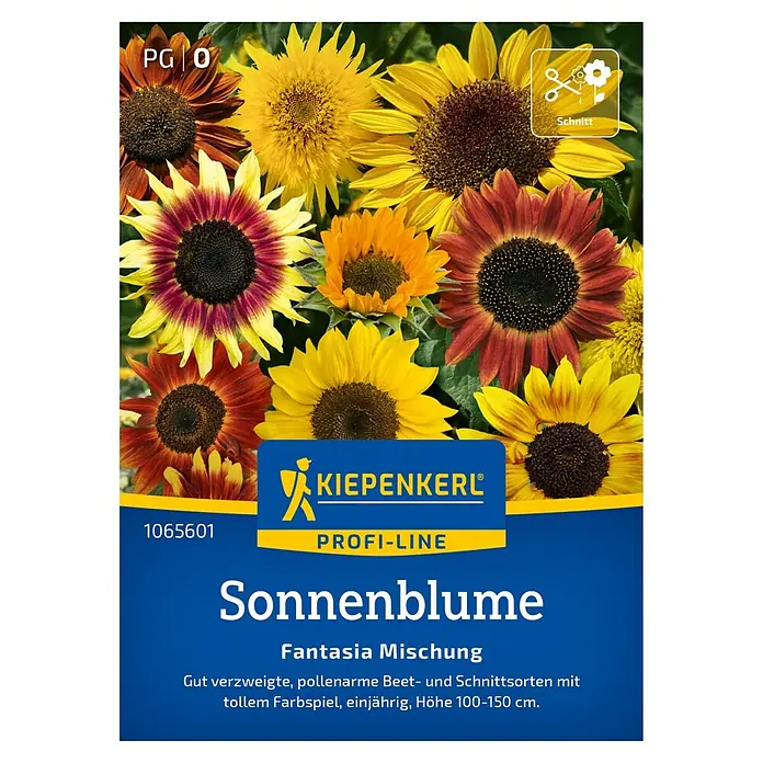 Kiepenkerl Profi-Line Blumensamenmischung Sonnenblume Fantasia - Helianthus annuus, Gelb - Sonnenblumenmischung "Fantasia" von Kiepenkerl Profi-Line. Die Packung zeigt eine Vielzahl von Sonnenblumen in verschiedenen Farben und Formen.