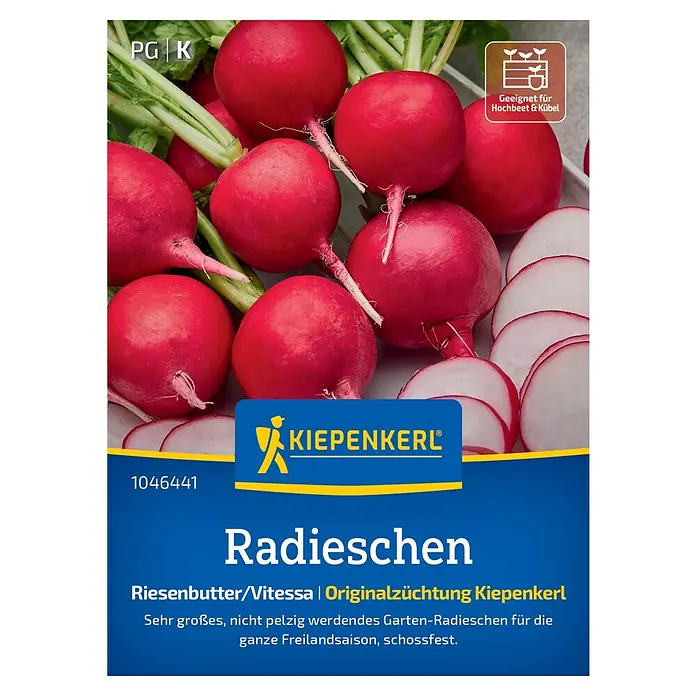 Kiepenkerl Gemüsesamen Radieschen Riesenbutter/Vitessa - Raphanus sativus sativus, Erntezeit: April - Abbildung der Samenpackung für "Kiepenkerl Radieschen Riesenbutter/Vitessa", geeignet für Hochbeete und Kübel.