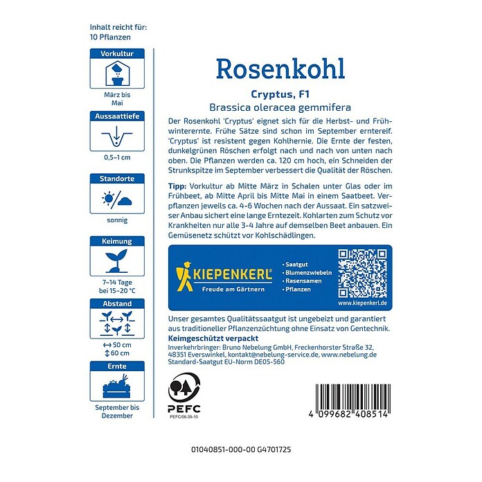 Kiepenkerl Gemüsesamen Rosenkohl Cryptus, F1 (Brassica oleracea gemmifera, Erntezeit: September) | BAUHAUS