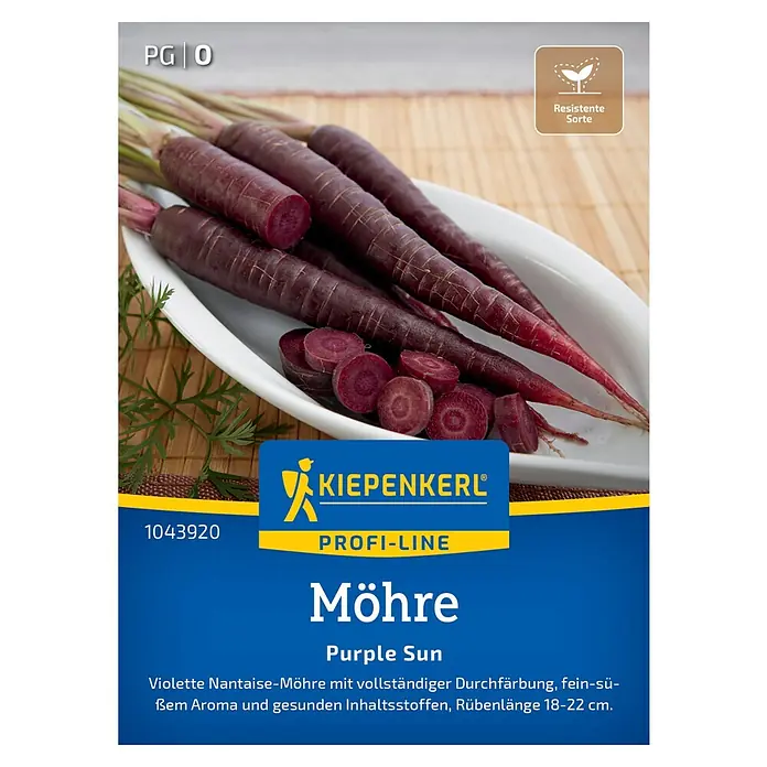 Kiepenkerl Profi-Line Gemüsesamen Möhre Purple Sun, F1 - Daucus carota, Erntezeit: August - Saatgutpackung 'Möhre Purple Sun' von Kiepenkerl mit violetten Karotten.