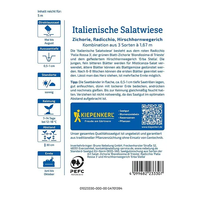 Kiepenkerl Gemüsesamen Italienische Salatwiese - Saatband - Mischung, Erntezeit: Juni - Bild einer Saatguttüte für 'Italienische Salatwiese', einer Mischung aus Zichorie, Radicchio und Hirschhornwegerich.