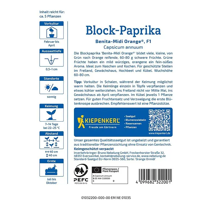 Kiepenkerl Profi-Line Paprika Benita-Midi Orange®, F1 - Capsicum annuum, Erntezeit: Juli - Bild einer Saatguttüte für Block-Paprika Benita-Midi Orange® F1, einer Sorte, die aromatische, orangefarbene Früchte für den Anbau bietet.