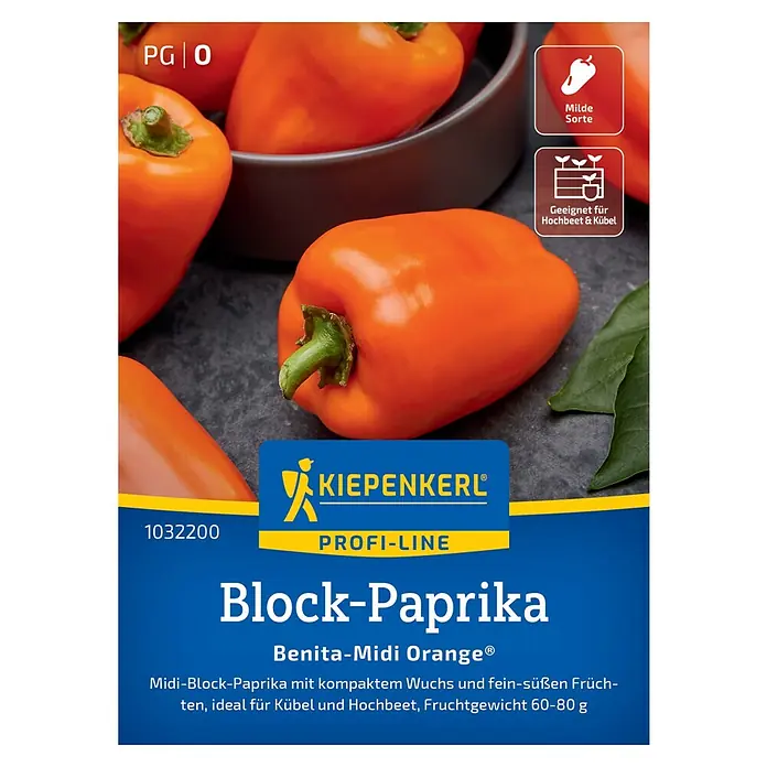 Kiepenkerl Profi-Line Paprika Benita-Midi Orange®, F1 - Capsicum annuum, Erntezeit: Juli - Abbildung von Kiepenkerl Block-Paprika Benita-Midi Orange® Samenpackung.