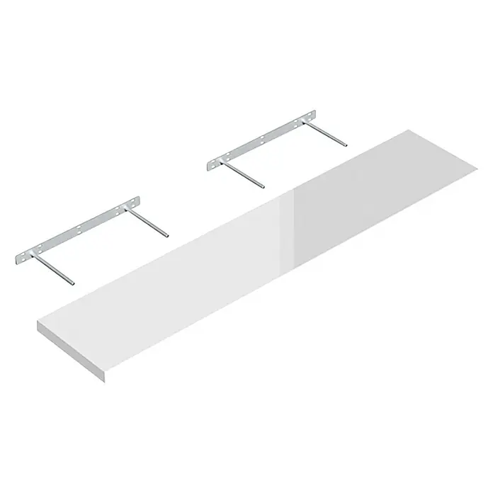 Regalux Estante flotante - L x An x Al: 23,5 x 118 x 3,8 cm, Blanco de alto brillo, Carga soportada: 12 kg - Un conjunto de estantes flotantes con un acabado brillante y dos soportes plateados, ideal para un diseño interior moderno.