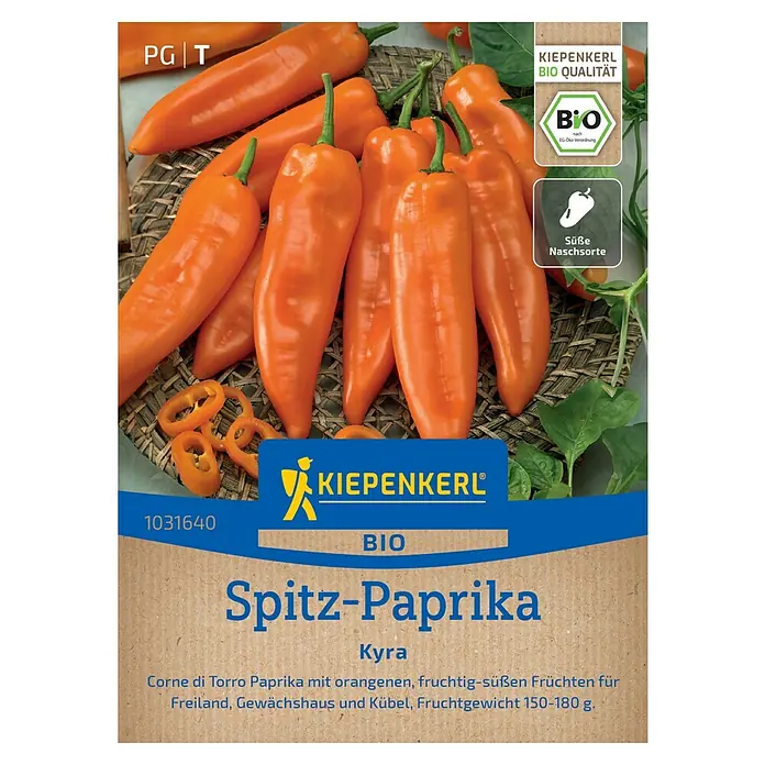 Kiepenkerl Bio Paprika Kyra - Capsicum annuum, Erntezeit: August - Bild einer Samenpackung für "Spitz-Paprika Kyra", einer Bio-Sorte von Kiepenkerl, mit orangefarbenen, länglichen Paprika.