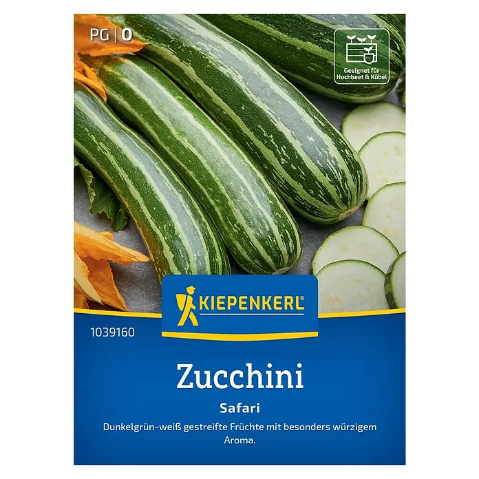 Kiepenkerl Gemüsesamen Zucchini Safari, F1 - Cucurbita pepo, Erntezeit: Juli - Samentüte "Zucchini Safari" von Kiepenkerl. Dunkelgrün-weiß gestreifte Zucchini, geeignet für Hochbeete und Kübel, mit würzigem Aroma.