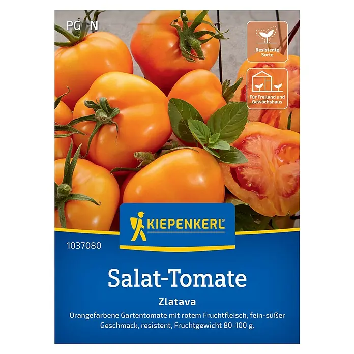 Kiepenkerl Gemüsesamen Salat-Tomate Zlatava - Solanum lycopersicum, Erntezeit: Juli - Abbildung der Saatgutpackung für Salat-Tomate 'Zlatava' von Kiepenkerl. Die Tomaten sind orange und resistent gegen viele Krankheiten.