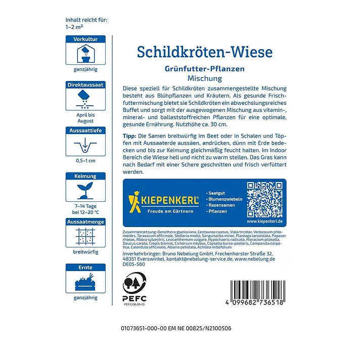 Kiepenkerl Saatgut Schildkrötenmischung Grünfutter-Pflanzen - Mischung - Bild der Verpackung von Schildkröten-Wiese Grünfutter-Pflanzenmischung von Kiepenkerl mit Anbauhinweisen und Herstellerinformationen.