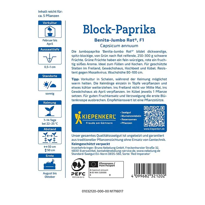 Kiepenkerl Paprika Benita-Jumbo Rot®, F1 - Capsicum annuum, Erntezeit: Juni - Abbildung des Samens der Block-Paprika 'Benita-Jumbo Rot F1', einer robusten und ertragreichen Paprikasorte für den Garten.