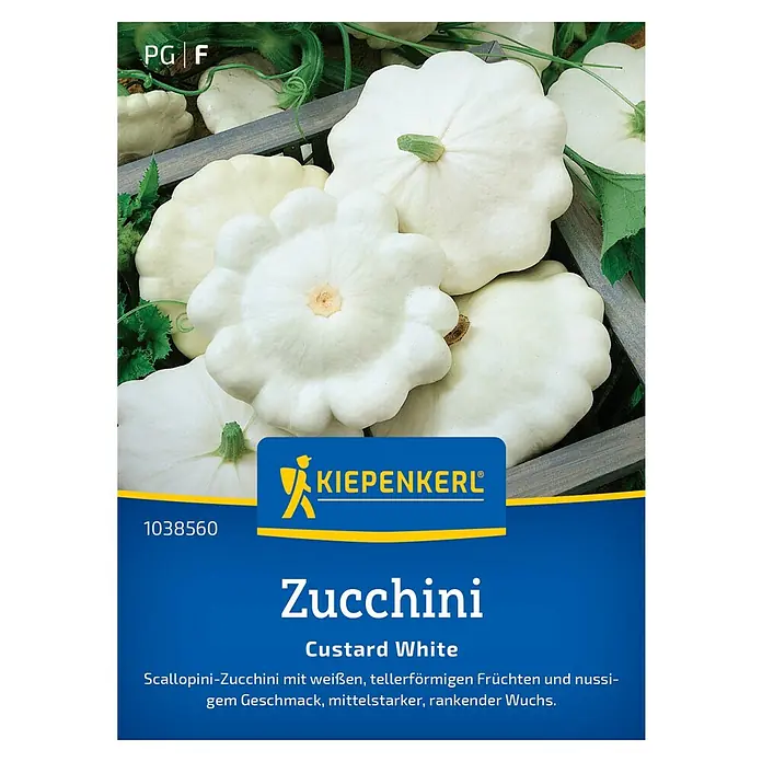 Kiepenkerl Gemüsesamen Zucchini Custard White - Cucurbita pepo, Erntezeit: Juli - Abbildung einer Samenpackung für "Zucchini Custard White", einer Scallopini-Zucchini mit tellerförmigen, weißen Früchten und nussigem Geschmack.