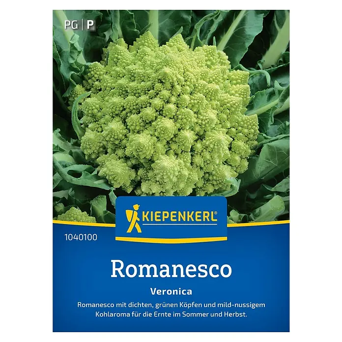 Kiepenkerl Gemüsesamen Romanesco Veronica, F1 - Brassica oleracea botrytis, Erntezeit: August - Bild einer Romanesco-Kohl-Samenpackung der Marke Kiepenkerl, Sorte Veronica, mit einem detailreichen Romanesco-Kopf im Fokus.