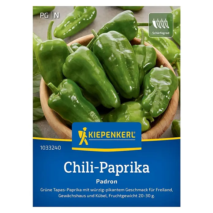 Kiepenkerl Paprika Chili-Paprika Padron - Capsicum annuum, Erntezeit: Juli - Samenpackung Chili-Paprika Padron von Kiepenkerl, ideal für würzig-pikante Tapas aus dem eigenen Garten oder Gewächshaus.