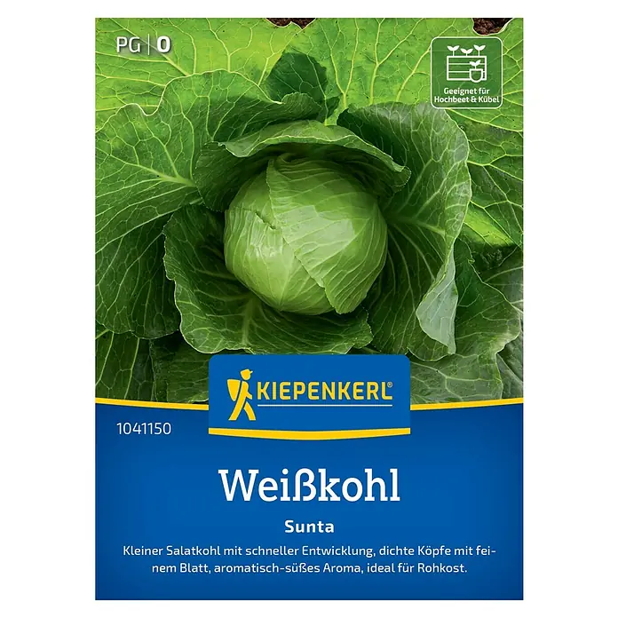 Kiepenkerl Gemüsesamen Weißkohl Sunta, F1 - Brassica oleracea capitata alba, Erntezeit: Juni - Samenpackung für Weißkohl 'Sunta' von Kiepenkerl. Kleiner Salatkohl, ideal für Rohkost, mit schnellem Wachstum und aromatisch-süßem Aroma.