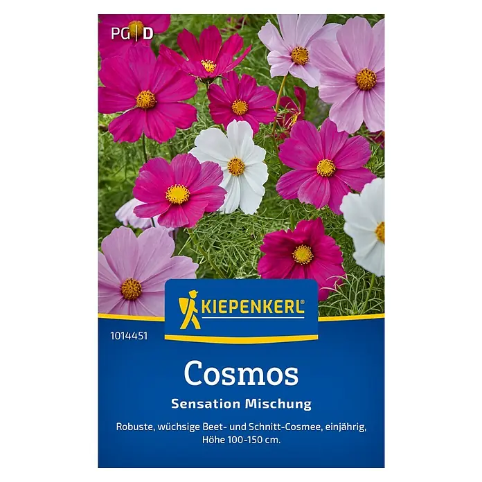 Kiepenkerl Blumensamenmischung - Cosmos bipinnatus, Mehrfarbig - Samenpackung mit Cosmos Sensation Mischung. Die einjährige Beet- und Schnitt-Cosmee erreicht eine Höhe von 100-150 cm.