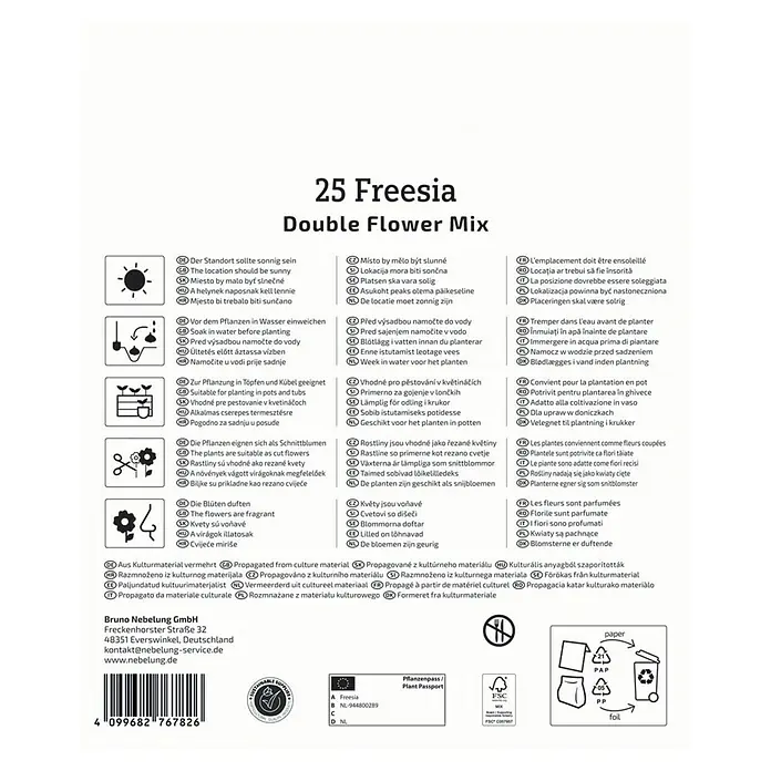 Kiepenkerl Blumensamenmischung Freesien Mischung gefüllte Blüten - Freesia x Hybrida, Mehrfarbig - Bild der Produktverpackung für 25 Freesien Double Flower Mix, ideal für sonnige Standorte und duftende Schnittblumen.