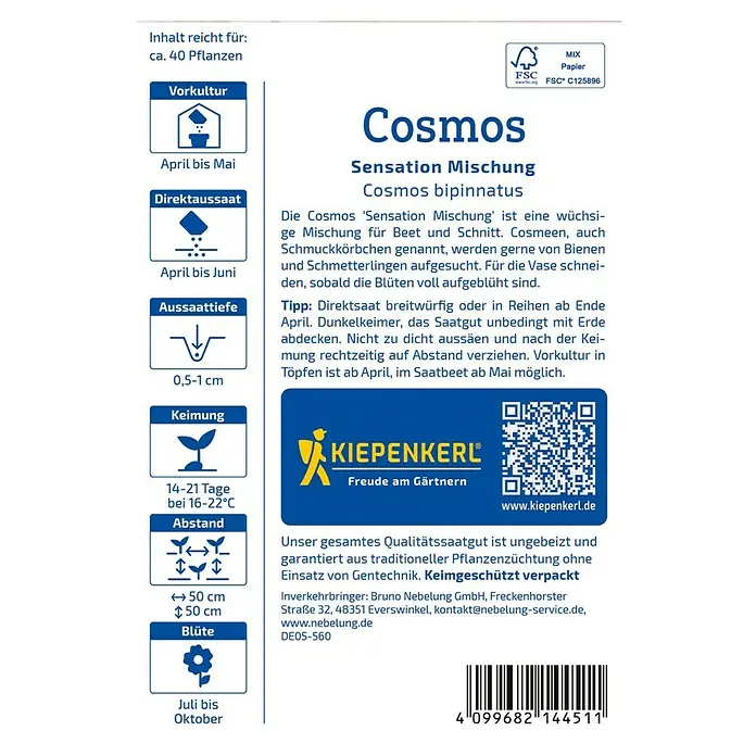 Kiepenkerl Blumensamenmischung - Cosmos bipinnatus, Mehrfarbig - Abbildung der Cosmos 'Sensation Mischung' Saatguttüte mit Anweisungen zu Aussaatzeit, -tiefe und Abstand.
