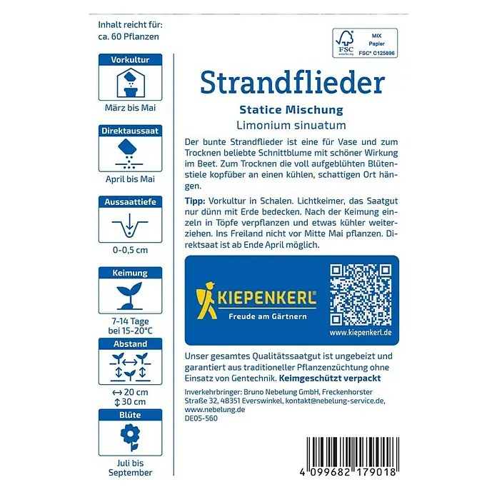 Kiepenkerl Blumensamenmischung Strandflieder Statice - Limonium sinuatum, Mehrfarbig - Abbildung einer Saatguttüte Strandflieder (Statice sinuatum), die Informationen zu Aussaat, Pflege und Blütezeit enthält.