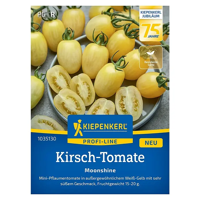 Kiepenkerl Profi-Line Gemüsesamen Kirsch-Tomate Moonshine, F1 - Solanum lycopersicum, Erntezeit: Juli - Abbildung der Samenpackung für 'Moonshine' Kirschtomaten von Kiepenkerl, einer weißen und gelben Sorte mit süßem Geschmack.