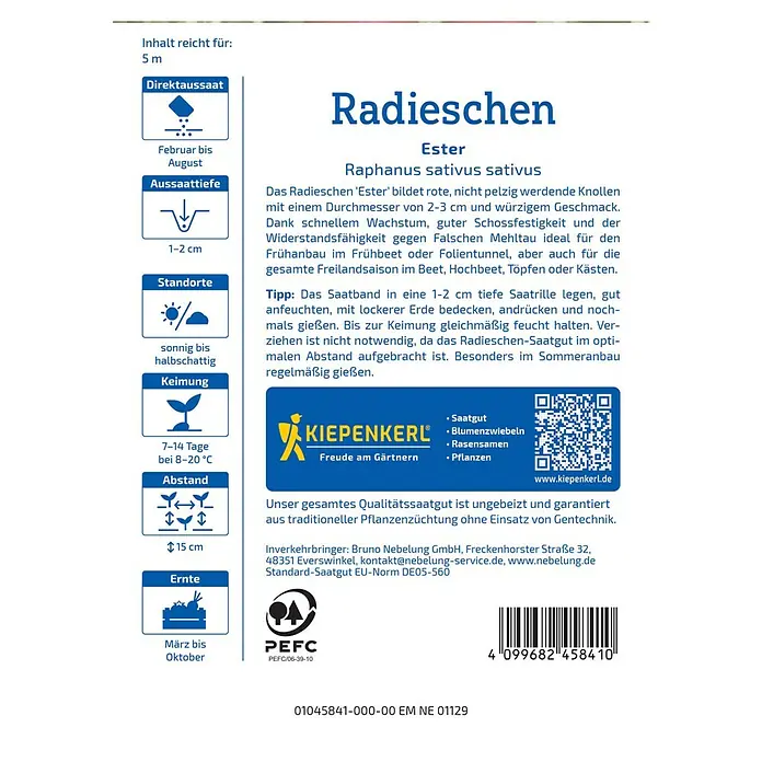 Kiepenkerl Gemüsesamen Radieschen Ester - Raphanus sativus sativus, Erntezeit: März - Produktbild einer Radieschensamenpackung der Sorte 'Ester' von Kiepenkerl, ideal für den Anbau im eigenen Garten.