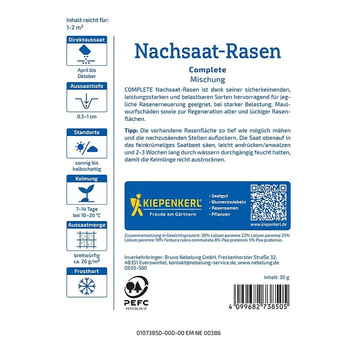 Kiepenkerl Profi-Line Nachsaat-Rasen Complete - 1 m² - 2 m² - Abbildung der Verpackung von Nachsaat-Rasen Complete Mischung.