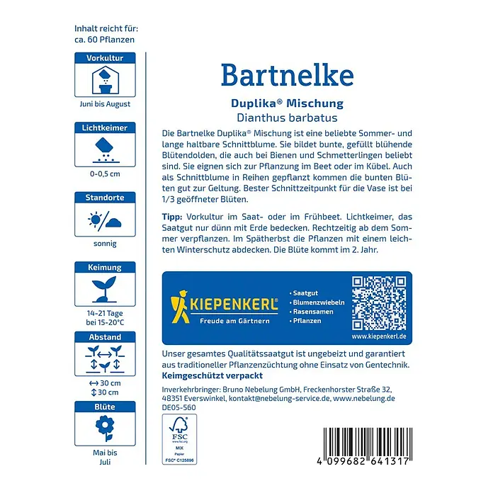 Kiepenkerl Blumensamenmischung Bartnelke Duplika® - Dianthus barbatus, Mehrfarbig - Saatguttüte der Bartnelke Duplika Mischung, einer Sommerblume mit bunten, gefüllt blühenden Blütendolden für Beet, Kübel und Vase.