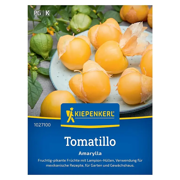 Kiepenkerl Gemüsesamen Tomatillo Amarylla - Physalis ixocarpa, Erntezeit: August - Samenpackung Tomatillo 'Amarylla' von Kiepenkerl mit gelben Früchten und grünen Lampionblüten. Ideal für mexikanische Rezepte.