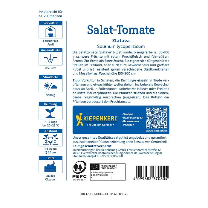 Kiepenkerl Gemüsesamen Salat-Tomate Zlatava - Solanum lycopersicum, Erntezeit: Juli - Saatguttüte mit Informationen zur Salat-Tomate 'Zlatava', einer orangenen Sorte, die sich für Freiland und Kübel eignet.