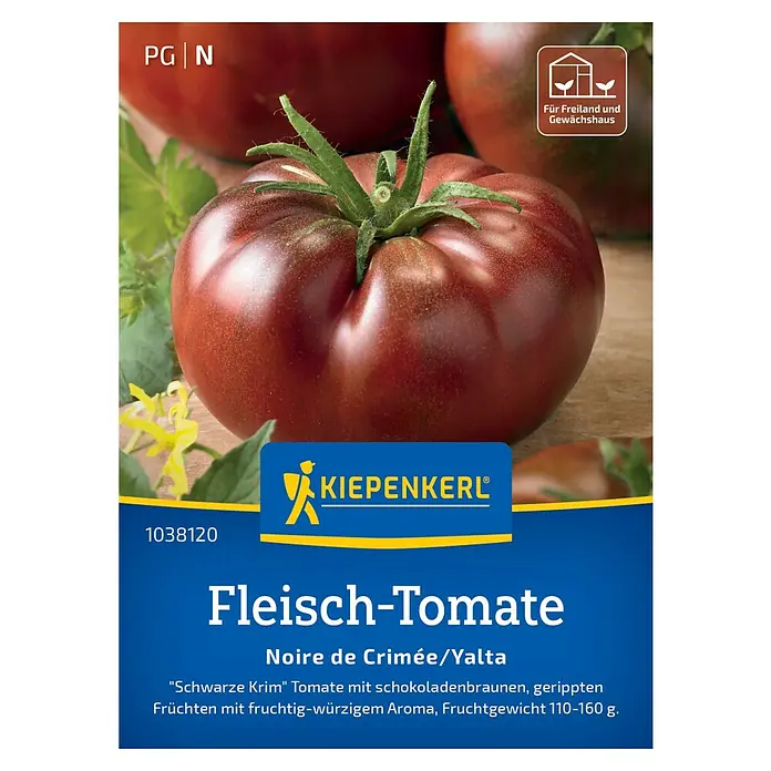 Kiepenkerl Gemüsesamen Fleisch-Tomate Noire de Crimée/Yalta - Solanum lycopersicum, Erntezeit: Juli - Bild einer Kiepenkerl "Fleisch-Tomate Noire de Crimée/Yalta"-Samenpackung mit einer Nahaufnahme der reifen Tomate.