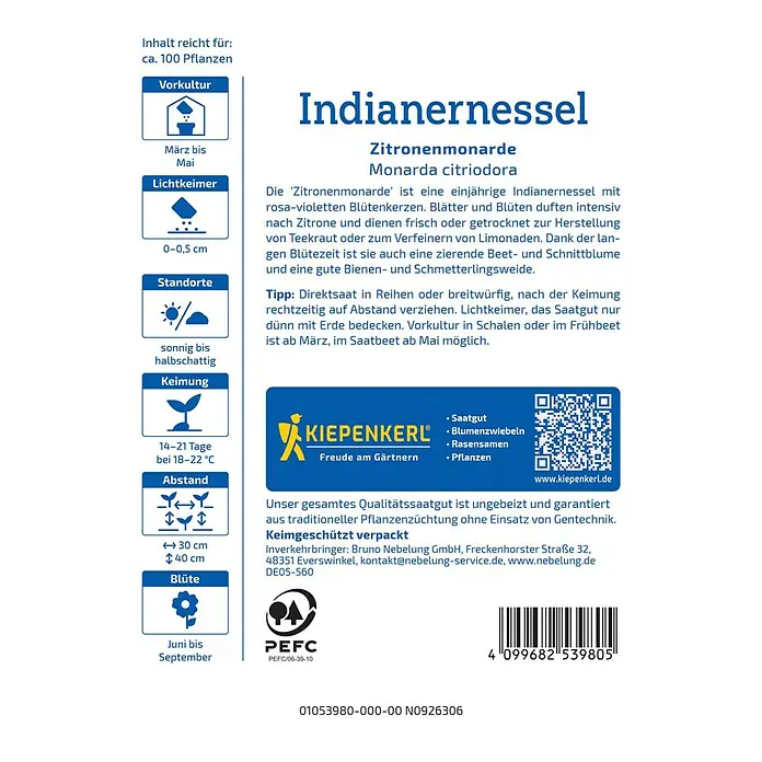 Kiepenkerl Blumensamen Indianernessel - Monarda citriodora, Violett - Bild einer Packung Indianernessel-Samen, Marke Kiepenkerl.