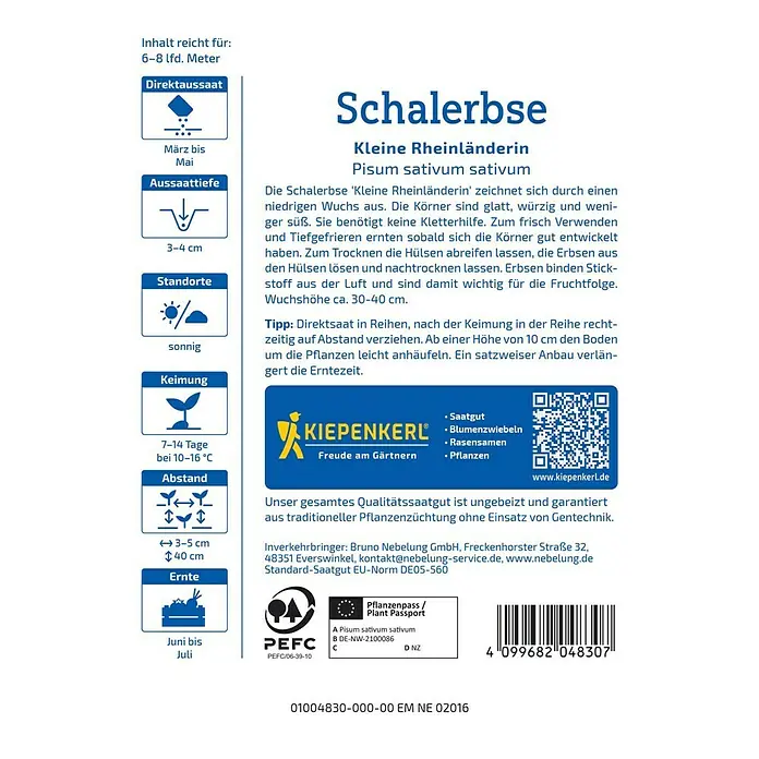 Kiepenkerl Erbsenpflanze Kleine Rheinländerin - Pisum sativum sativum, Erntezeit: Juni - Bild der Saatguttüte 'Schalerbse Kleine Rheinländerin' von Kiepenkerl mit Anweisungen zu Aussaat, Standort und Ernte.