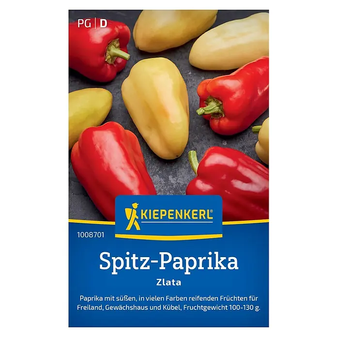 Kiepenkerl Paprika Zlata - Capsicum annuum, Erntezeit: Juli - Samenpackung für Spitz-Paprika 'Zlata' mit roten und gelben, länglichen Paprika abgebildet.