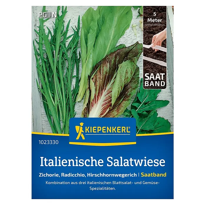 Kiepenkerl Gemüsesamen Italienische Salatwiese - Saatband - Mischung, Erntezeit: Juni - Das Bild zeigt eine Packung "Italienische Salatwiese" von Kiepenkerl mit Zichorie, Radicchio und Hirschhornwegerich als Saatband.