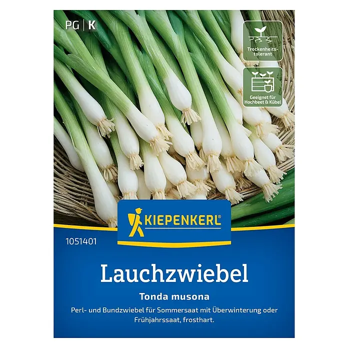 Kiepenkerl Steckzwiebeln Lauchzwiebel Tonda Musona - Allium cepa, Erntezeit: April - Das Bild zeigt eine Packung Lauchzwiebelsamen der Sorte "Tonda musona" von Kiepenkerl, geeignet für Sommer- und Frühjahrssaat.