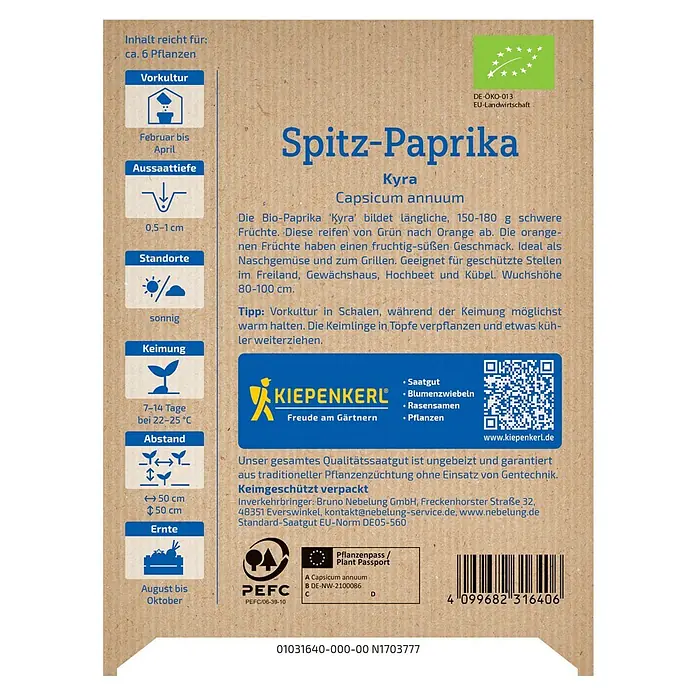 Kiepenkerl Bio Paprika Kyra - Capsicum annuum, Erntezeit: August - Samentüte Spitz-Paprika Kyra. Die Bio-Paprika bildet längliche, orangefarbene Früchte mit einem fruchtig-süßen Geschmack.