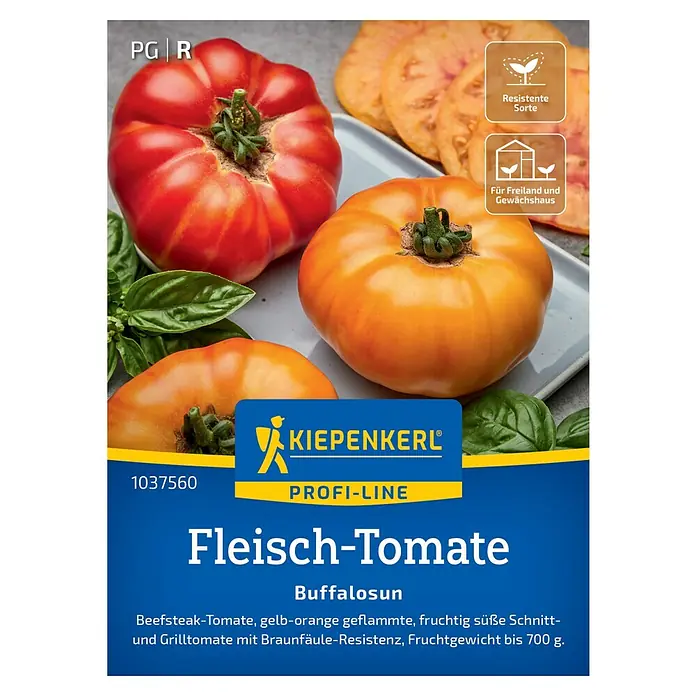Kiepenkerl Profi-Line Gemüsesamen Fleisch-Tomate Buffalosun, F1 - Solanum lycopersicum, Erntezeit: Juli - Bild einer 'Fleisch-Tomate Buffalosun' Samenpackung von Kiepenkerl, die saftige, orange-gelbe Früchte mit Braunfäule-Resistenz verspricht.