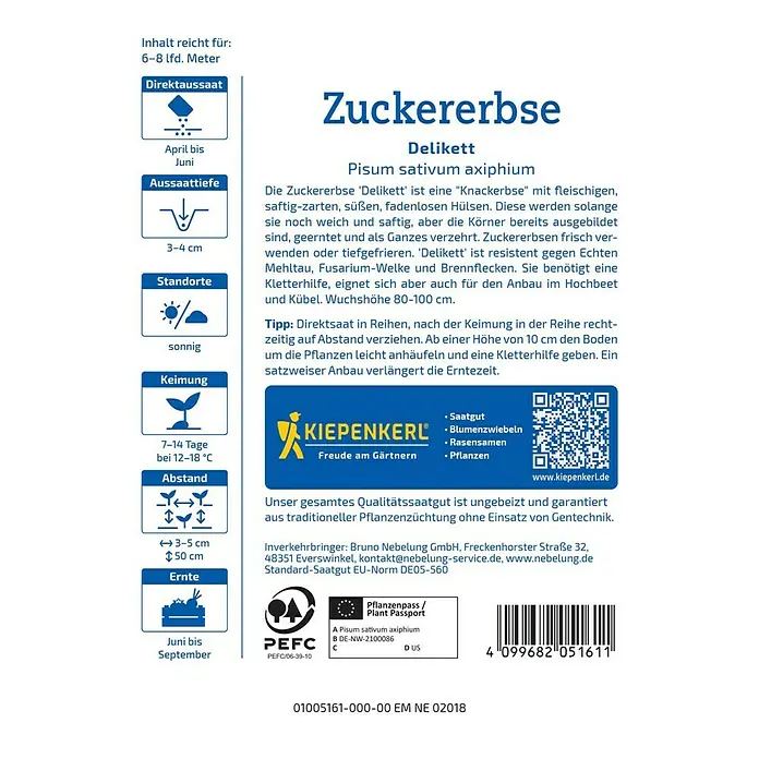 Kiepenkerl Profi-Line Gemüsesamen Zuckererbse Delikett - Pisum sativum axiphium, Erntezeit: Juni - Zuckererbse 'Delikett' Saatguttüte von Kiepenkerl mit Anbauhinweisen. Ideal für süße, zarte Nascherbsen aus dem eigenen Garten.