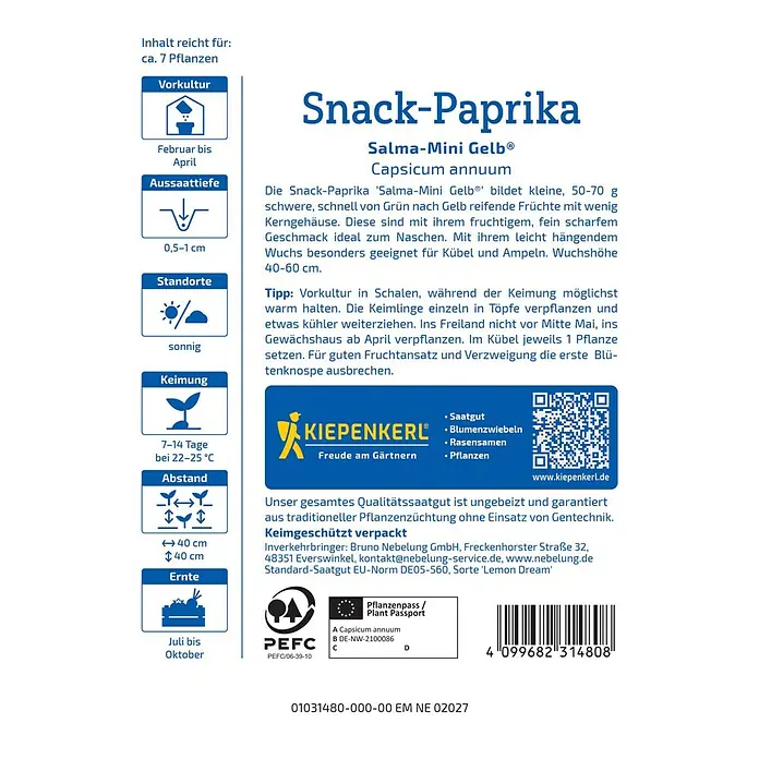 Kiepenkerl Paprika Salma-Mini Gelb® - Capsicum annuum, Erntezeit: Juli - Saatguttüte Snack-Paprika 'Salma-Mini Gelb'. Informationen zu Aussaat, Standort, Keimung und Ernte der gelben Paprikasorte.
