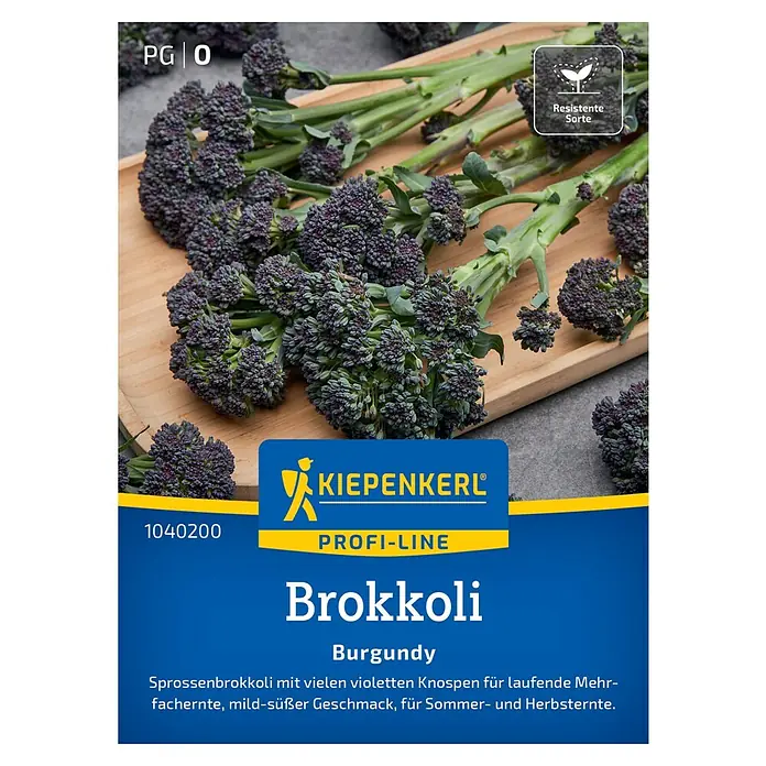 Kiepenkerl Gemüsesamen Brokkoli Burgundy, F1 - Brassica oleracea botrytis cymosa, Erntezeit: Juli - Abbildung der Kiepenkerl Brokkoli Burgundy-Samenpackung, die violette Sprossen auf einem Holztisch zeigt.\n