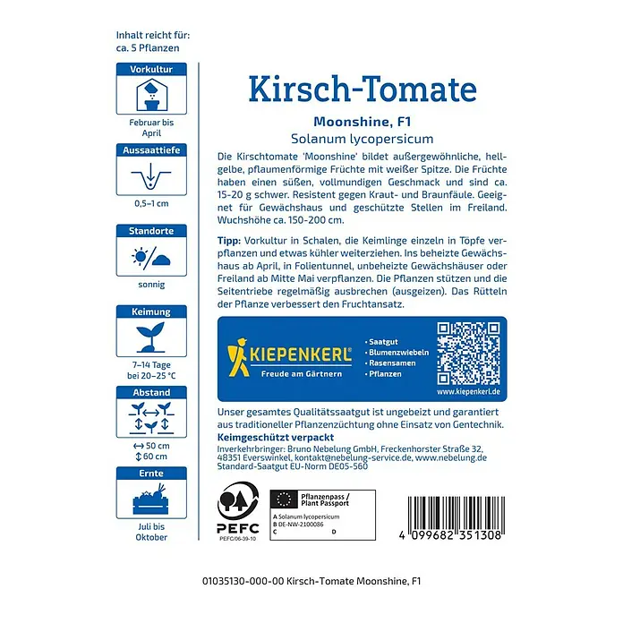 Kiepenkerl Profi-Line Gemüsesamen Kirsch-Tomate Moonshine, F1 - Solanum lycopersicum, Erntezeit: Juli - Abbildung der Kirschtomate 'Moonshine F1' Samenpackung. Die Packung enthält Anweisungen zur Aussaat und Pflege der Pflanze.