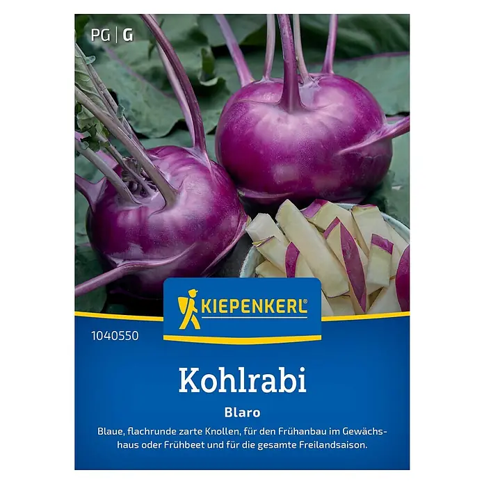 Kiepenkerl Gemüsesamen Kohlrabi Blaro - Brassica oleracea gongylodes, Erntezeit: Mai - Das Bild zeigt eine Packung Kohlrabi Blaro Samen von Kiepenkerl. Die Packung zeigt violette Kohlrabi-Knollen und geschnittene Stücke.