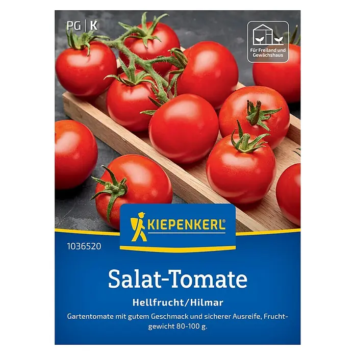 Kiepenkerl Gemüsesamen Salat-Tomate Hellfrucht/Hilmar - Solanum lycopersicum, Erntezeit: Juli - Abbildung der Kiepenkerl Salattomate Hellfrucht/Hilmar Samenpackung mit frischen, roten Tomaten.