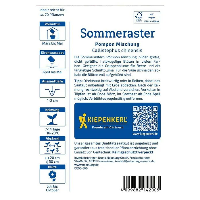 Kiepenkerl Blumensamenmischung Sommeraster Pompon - Sommeraster Pompon, Mehrfarbig - Abbildung der Samenpackung für Sommerastern Pompon Mischung von Kiepenkerl mit Anbauhinweisen.