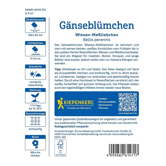 Kiepenkerl Blumensamen Gänseblümchen - Bellis perennis Wiesen-Maßliebchen, Weiß-rosa - Bild einer Gänseblümchen-Samenpackung mit Anweisungen zu Aussaat, Standort und Blütezeit. Ideal für Wiesen und naturnahe Gärten.