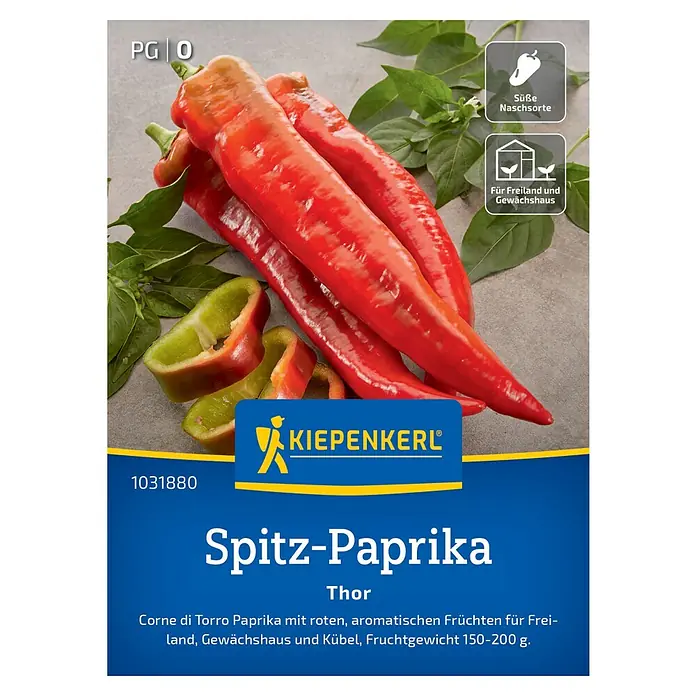 Kiepenkerl Paprika Thor, F1 - Capsicum annuum, Erntezeit: August - Das Bild zeigt eine Packung Spitz-Paprika Thor Samen von Kiepenkerl, eine süße Sorte für Freiland und Gewächshaus.
